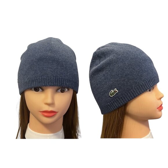 LACOSTE Beanie Reversible Wool Hat LOGO Blue ONE SIZE Winter Warm - Picture 2 of 4